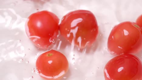 청소를 위해 물이 담긴 용기에 떨어지는 작은 토마토의 느린 동작