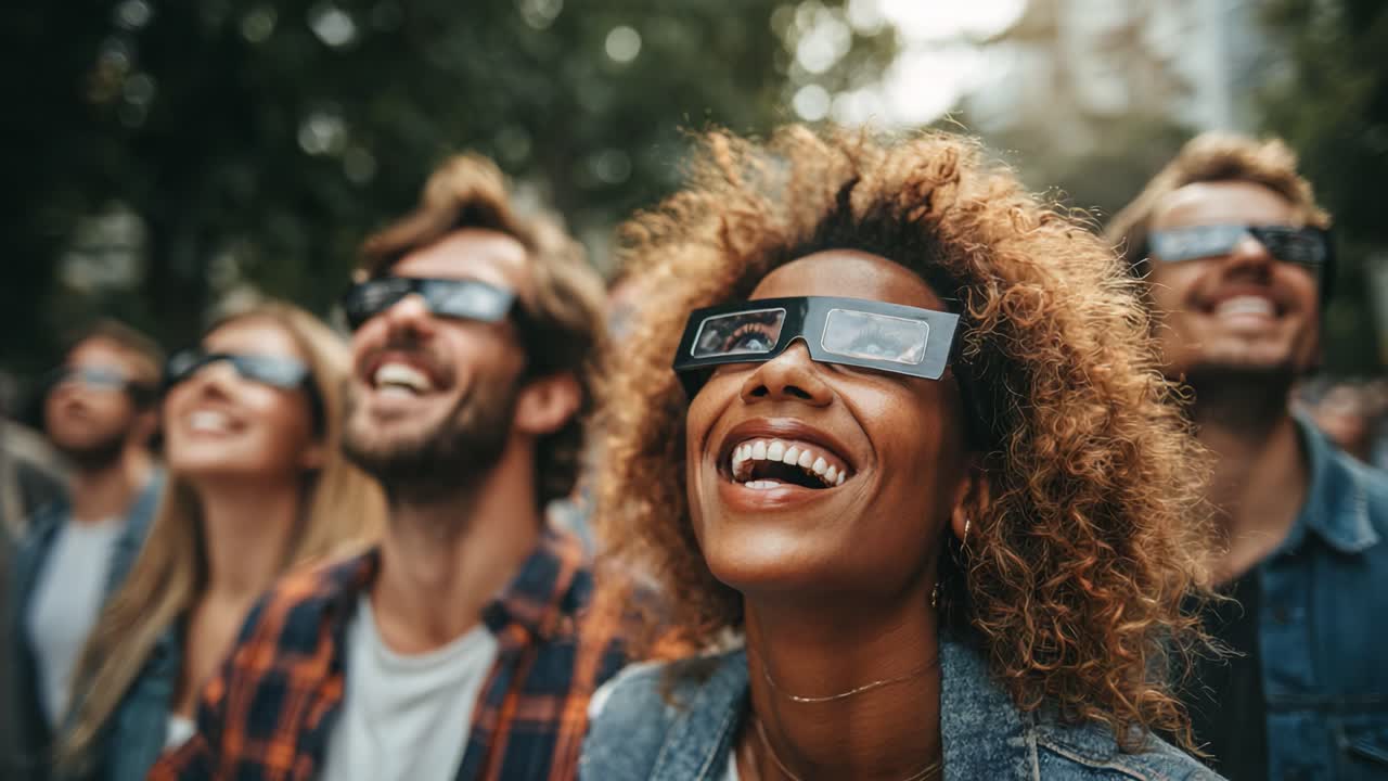 Group of Joyful People Wearing Glasses, Gazing Upwards and Enjoying a Shared Experience of Excitement and Wonder in a Lively Outdoor Setting