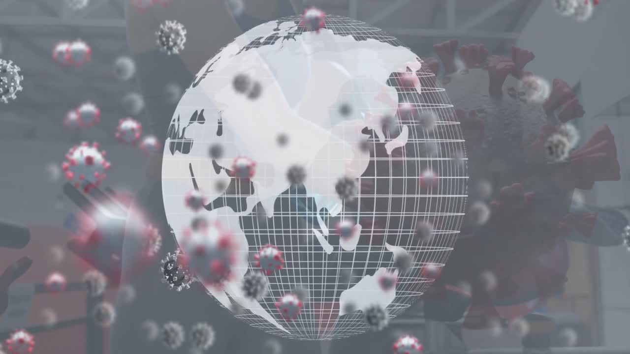 코로나19 바이러스 세포의 애니메이션과 지구상에서 백인 여성이 체육관에서 장비를 소독합니다.