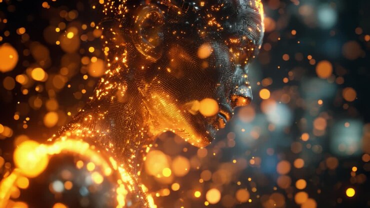 Un'entità scintillante: un profilo generato al computer di una figura luminosa circondata da particelle radiose e luci scintillanti, che emanano eleganza digitale e mistero