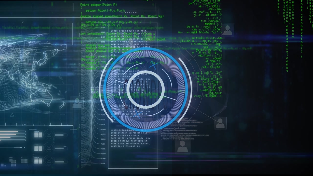 Animation of data processing with scope scanning on black background