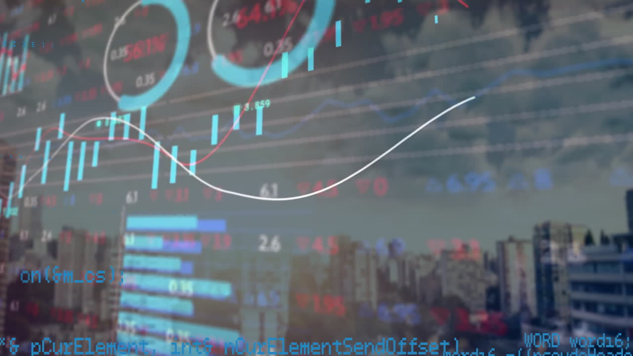 도시 풍경 위의 금융 데이터 처리 애니메이션