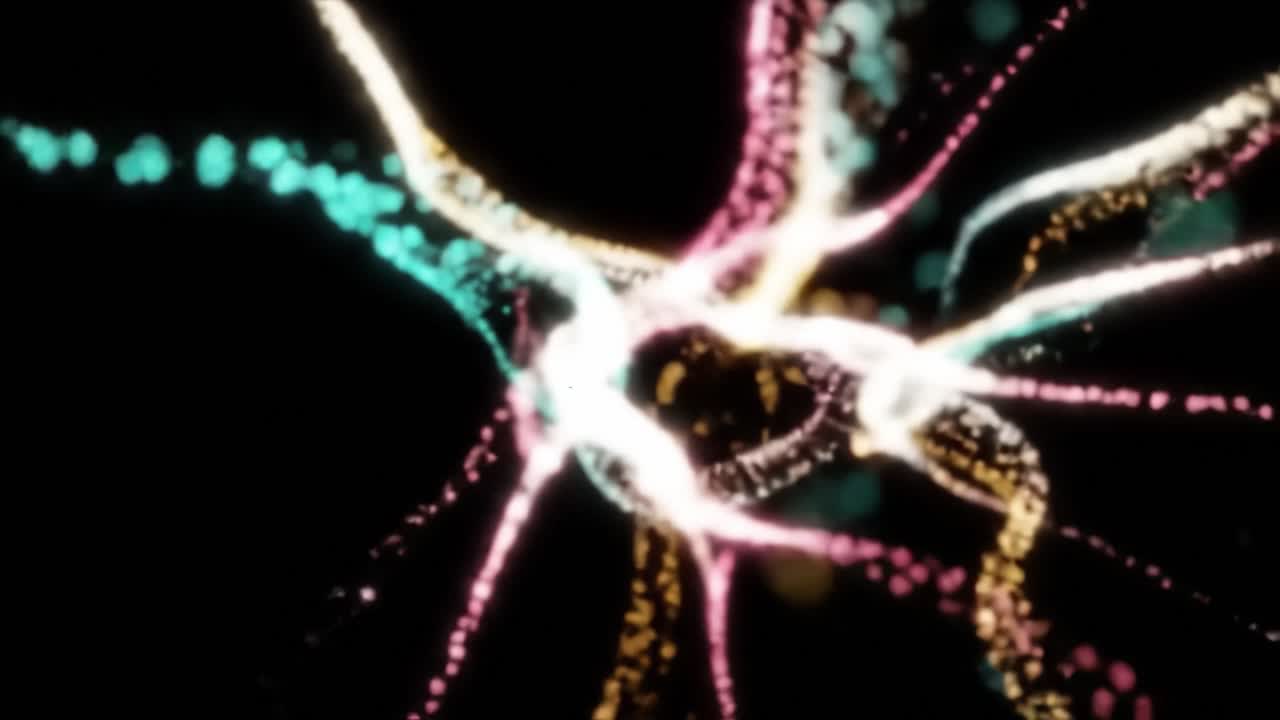 Dynamic Flow of Colorful Particles in a Vivid Abstract Animation Showcasing Light Trails and Energetic Movement Against a Dark Background