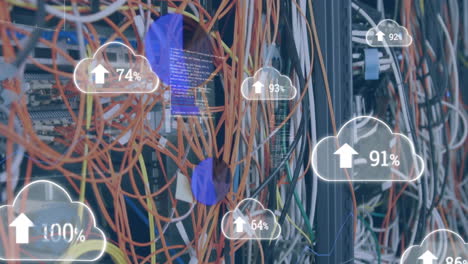 animation of cloud icons, digital data processing over computer servers