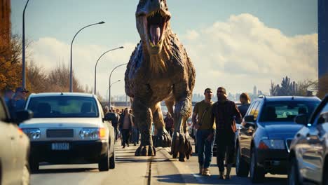 a gigantic dinosaur walks among pedestrians on a busy city street