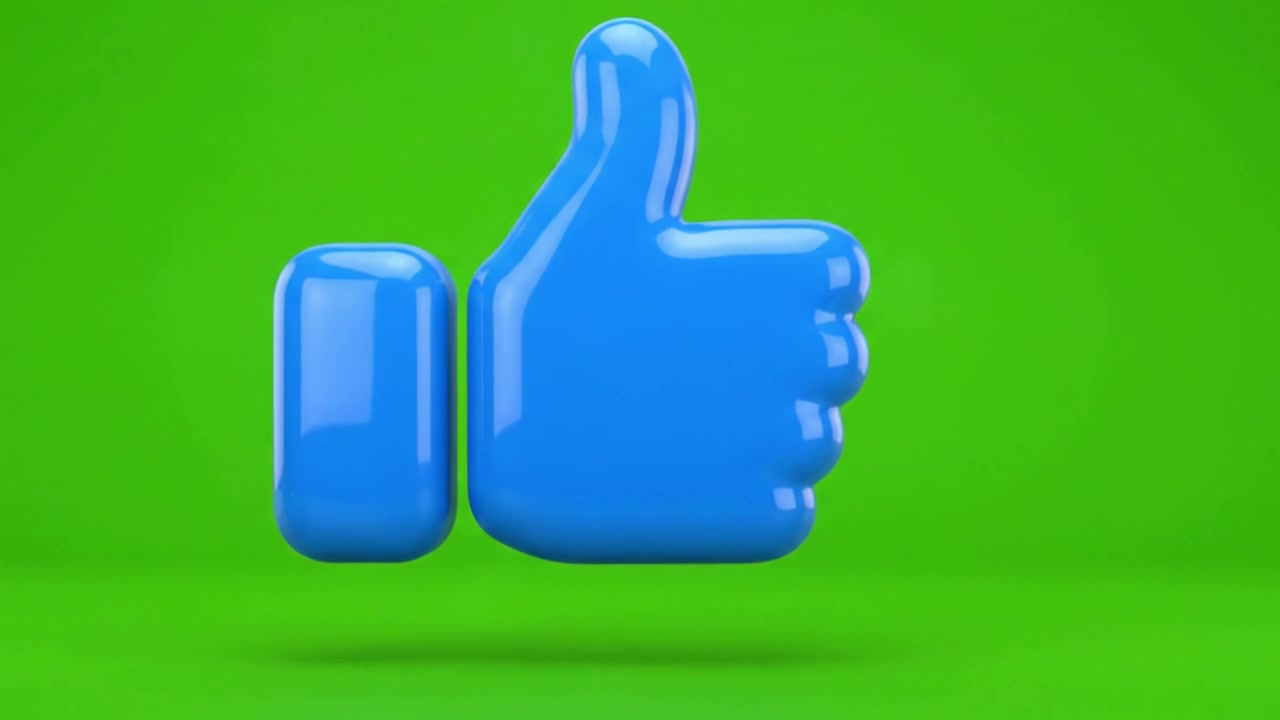 Um gesto de 'joinha' azul brilhante flutuando em um fundo verde vívido, representando positividade, aprovação e engajamento em uma apresentação visual criativa.