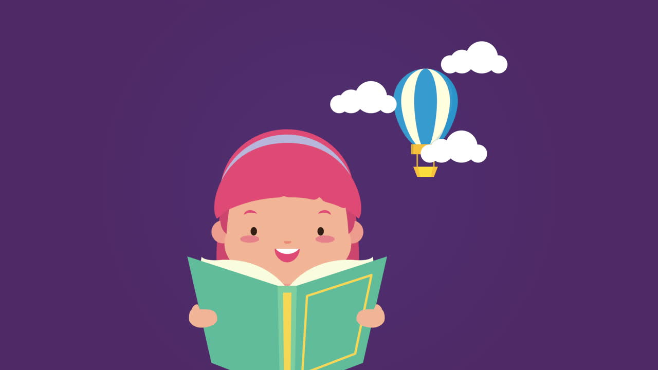 celebración del día mundial del libro con una niña leyendo y globo de aire caliente