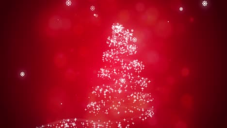 Snowflakes-falling-on-glowing-Christmas-trees-against-red-background