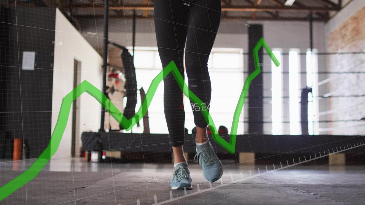 Woman performing skipping drill in gym, initial hop driving green graph to track footwork intensity