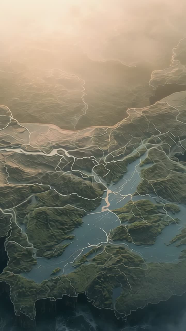 Vertical video: Opening aerial showing 3D terrain revealing glow with lit lines tracing paths