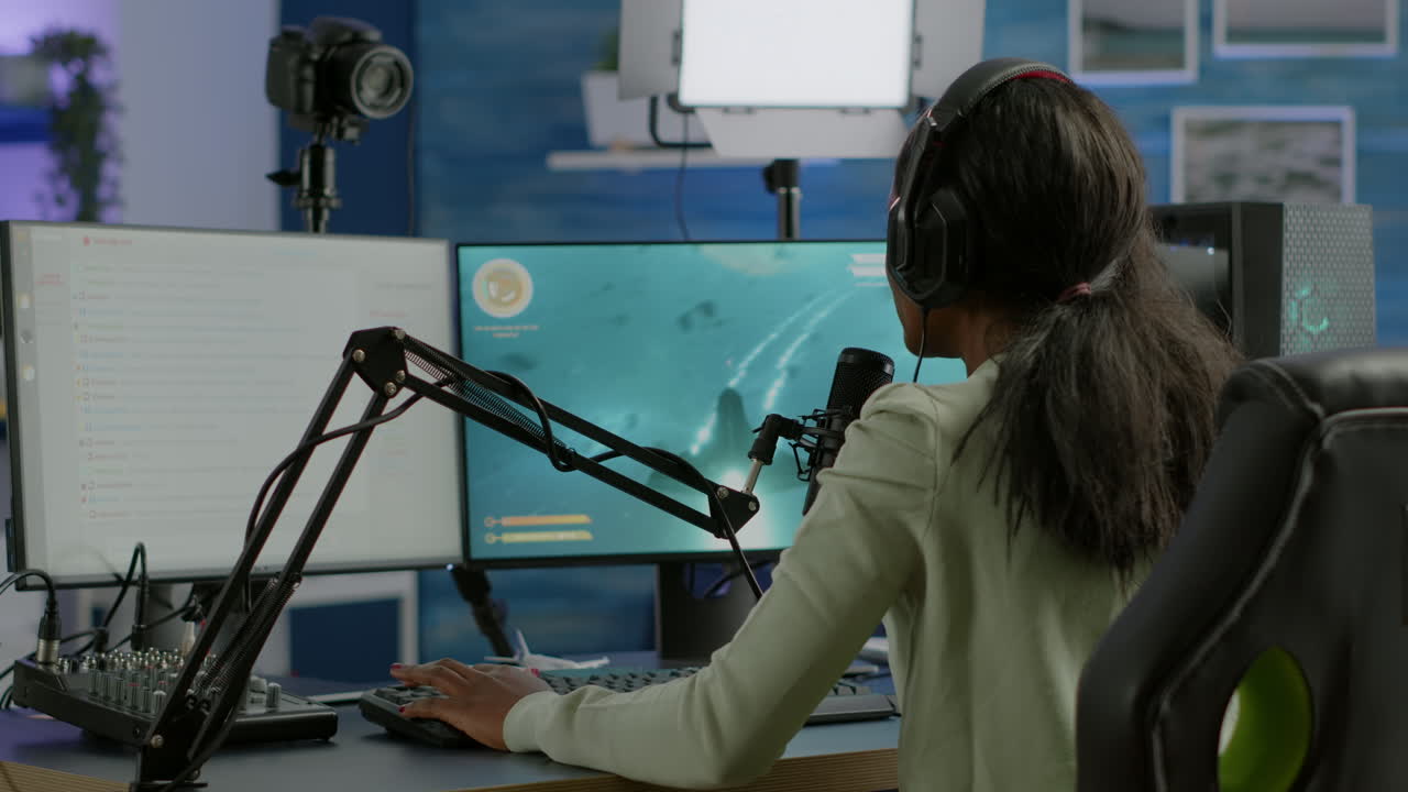 Black player wearing headphones talking with other players chatting