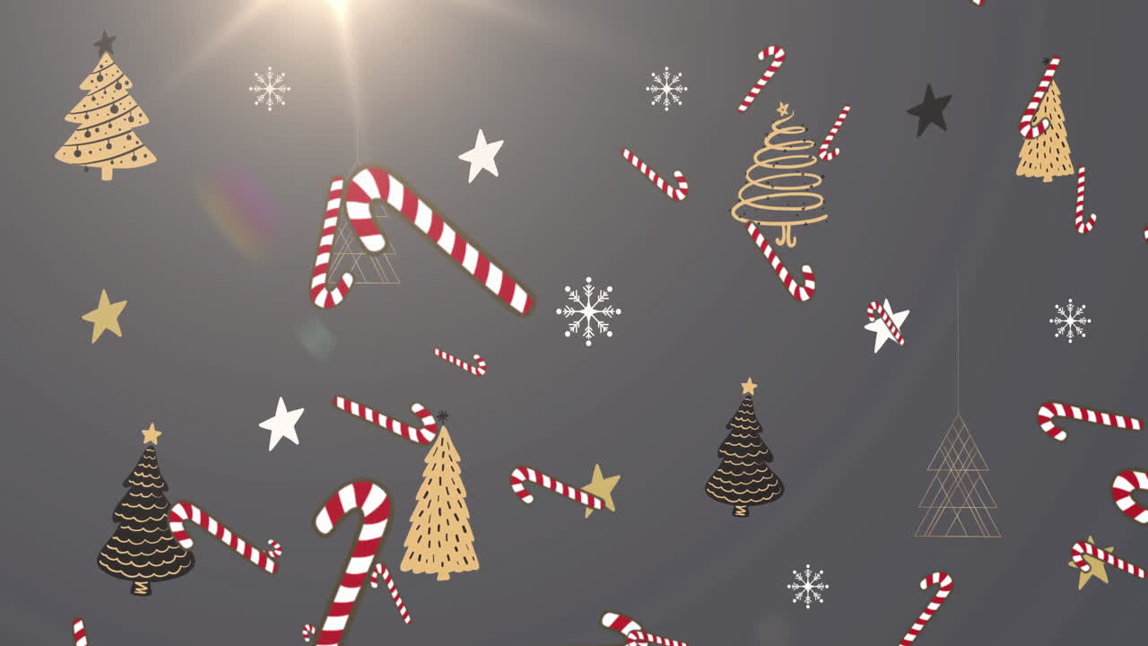 Animation of candy canes over christmas trees on black background