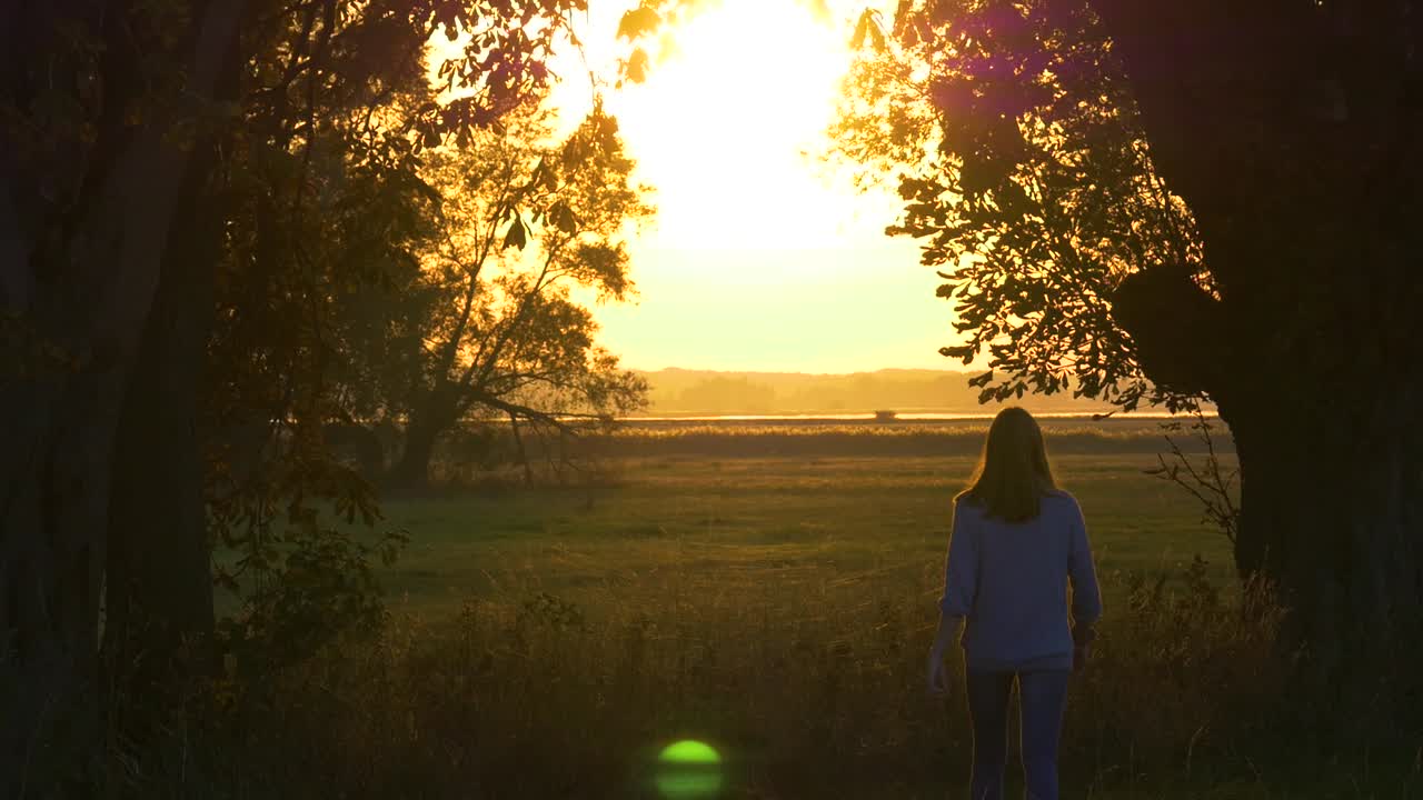 niña caminando hacia la puesta de sol entre dos árboles viejos a finales del verano en cámara lenta