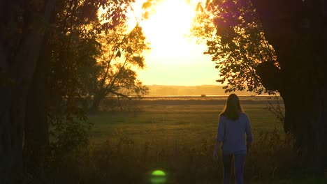 Mädchen,-Das-Im-Spätsommer-In-Zeitlupe-Zwischen-Zwei-Alten-Bäumen-Dem-Sonnenuntergang-Entgegengeht