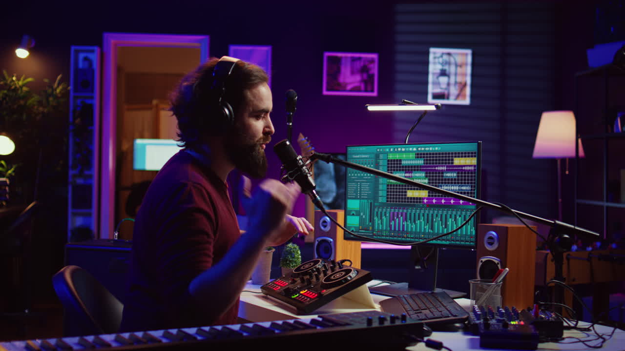 Music producer singing at home studio microphone to record songs