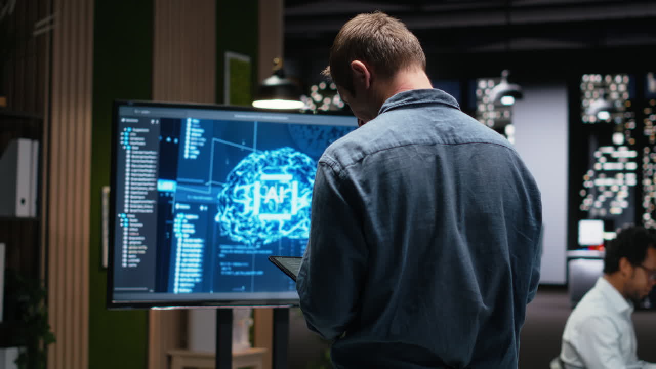 Man Analyzing AI Brain Graphic and Code on Large Screen in Modern Office