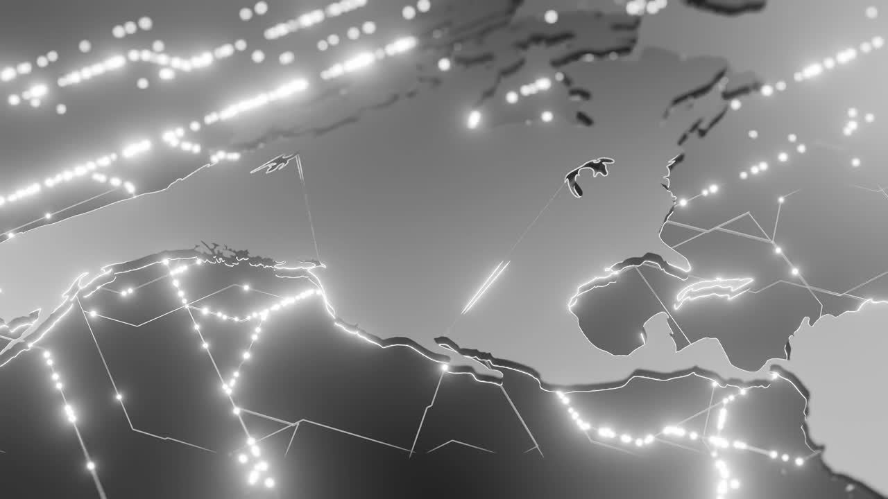 북아메리카를 디지털 지도에서 빛나는 색 네트워크 연결과 데이터 라인으로 표시합니다.