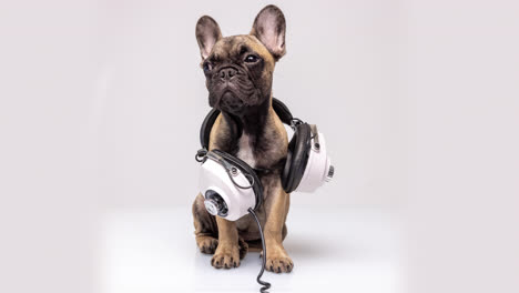 cute pet french bulldog puppy with headphones against a white background