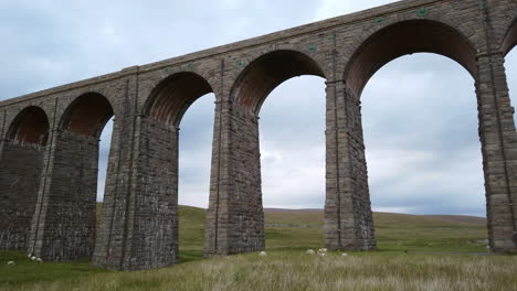 right to left pan of sheep grazing in front of ribblehead viaduct in the yorkshire dales national park