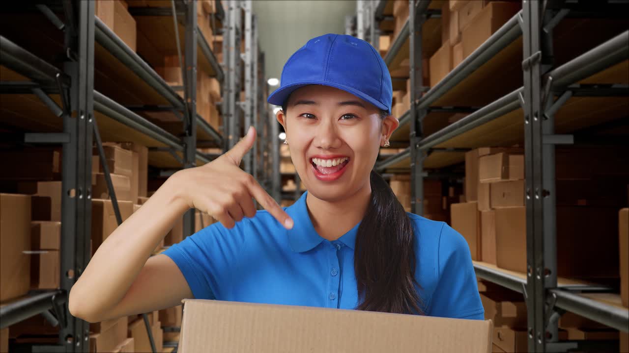 Close Up Of Asian Female Courier In Blue Uniform Smiling And Pointing To A Carton In Hand While Delivering It In Warehouse