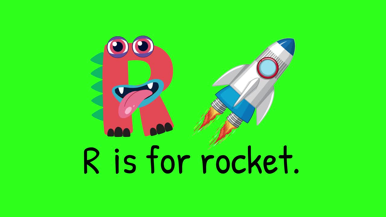 Playful animation of the letter R transforming into a rocket on a vibrant green background, engaging and educational