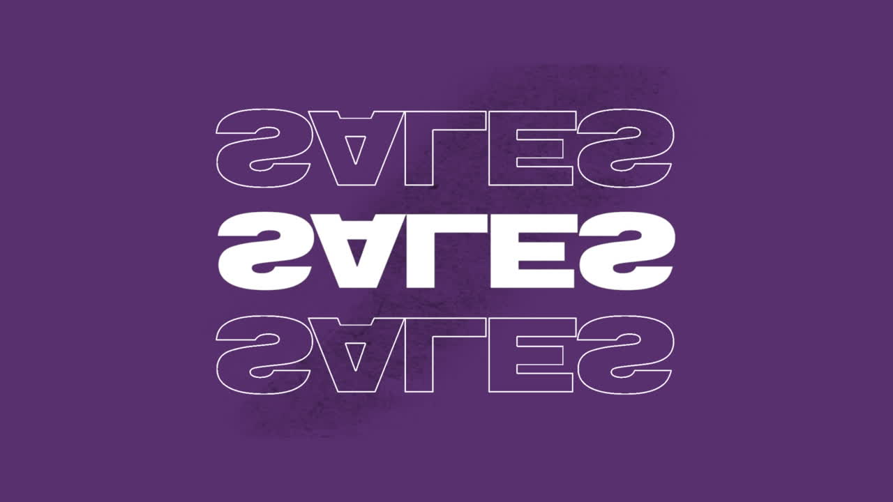 animación digital de múltiples textos de ventas contra un patrón texturizado sobre un fondo púrpura