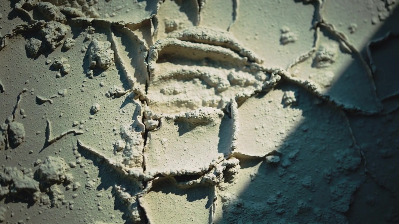 Shifting sunlight revealing single shoe-tread impression on dried pond bed, exposing flaky clay
