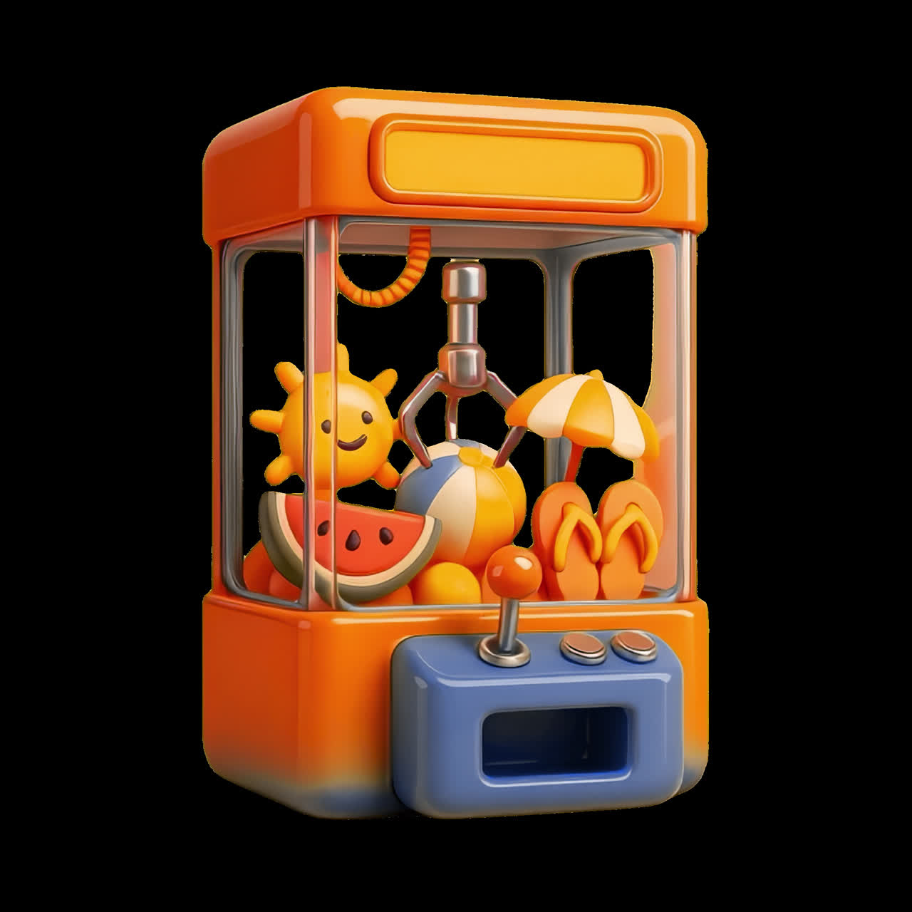 Colorful summer-themed claw machine animation isolated asset, transparent 4K video, alpha channel