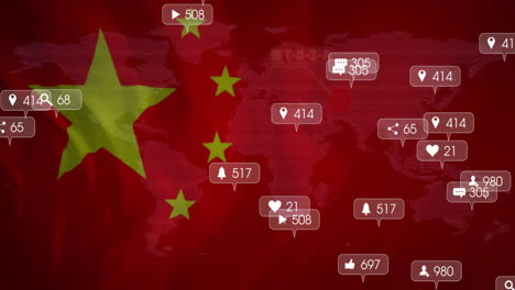 icônes d'interaction sur les médias sociaux animation sur le drapeau chinois et la carte du monde