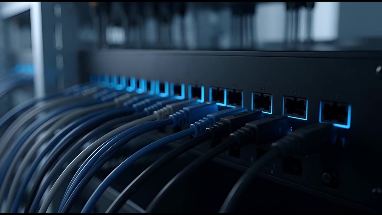 Network Switch with Blinking Blue LED Lights in Server Room