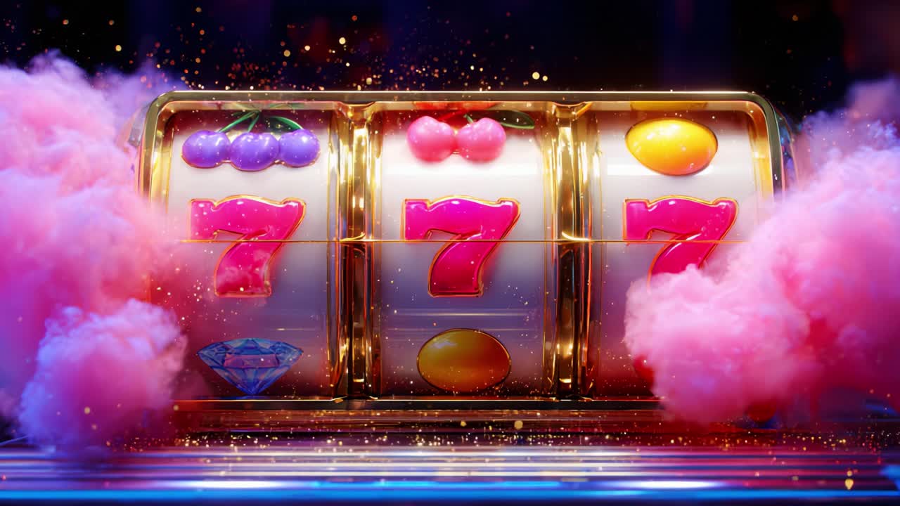 Avvincente primo piano di una vivace slot machine con simboli classici e uno stravagante sfondo di zucchero filato in un ambiente di gioco colorato