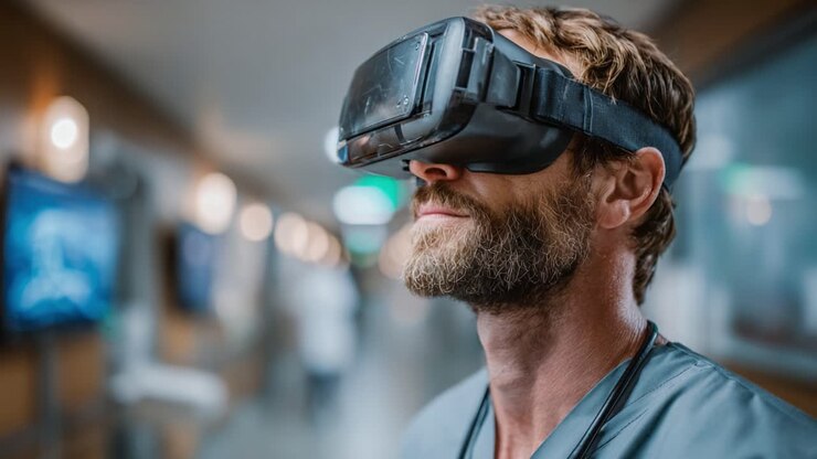 A Medical Professional Wearing Virtual Reality Headset in a Healthcare Environment During Training, Enhancing Skills and Experience with Innovative Technology