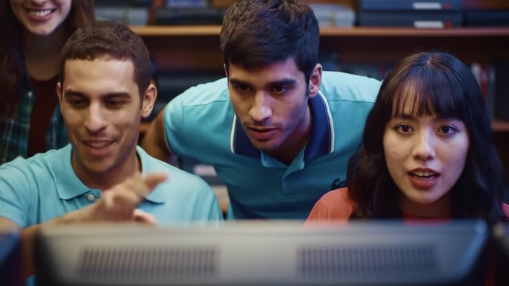 Group of Friends Engaging with Technology and Each Other in a Collaborative Environment, Sharing Laughter and Excitement Around a Computer Screen
