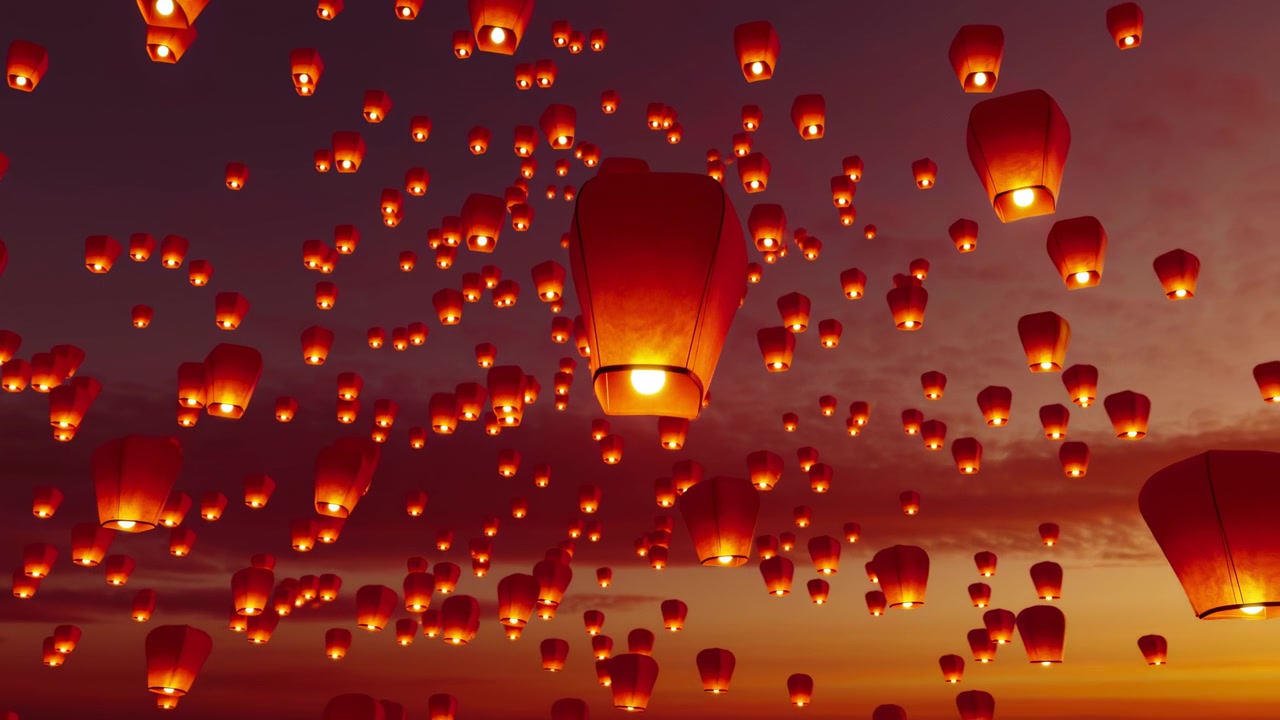 Centenas de lanternas celestes vermelhas brilhantes sobem pelo céu crepuscular, com lanternas maiores em primeiro plano, queimadores visíveis, texturas de papel dobrado, profundidade em camadas, luz quente, nuvens suaves e um clima festivo.