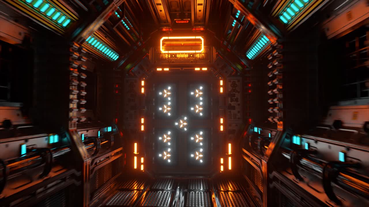 Let vesmírným tunelem, sci-fi koridor raketoplánu. Futuristická abstraktní technologie. Koncept technologie a budoucnosti. Blikající světlo. 3D animace nekonečné smyčky.