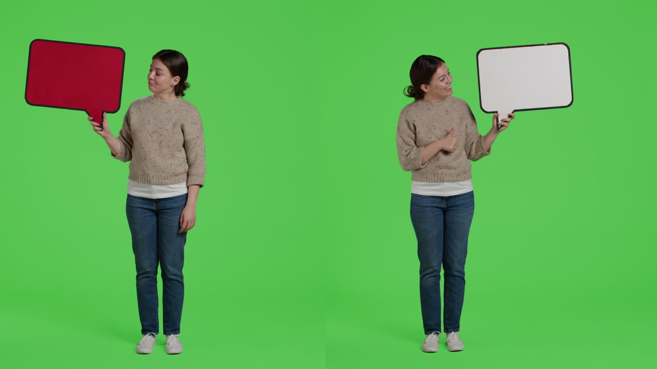 Woman holding speech bubbles on green screen