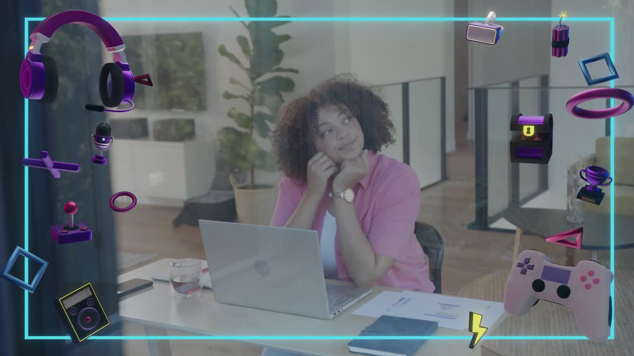 Woman pausing typing, stretching reflecting over laptop in tech while neon gaming icons framing her