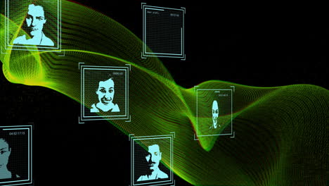 Animation-of-network-of-digital-photos-and-green-mesh-over-black-background