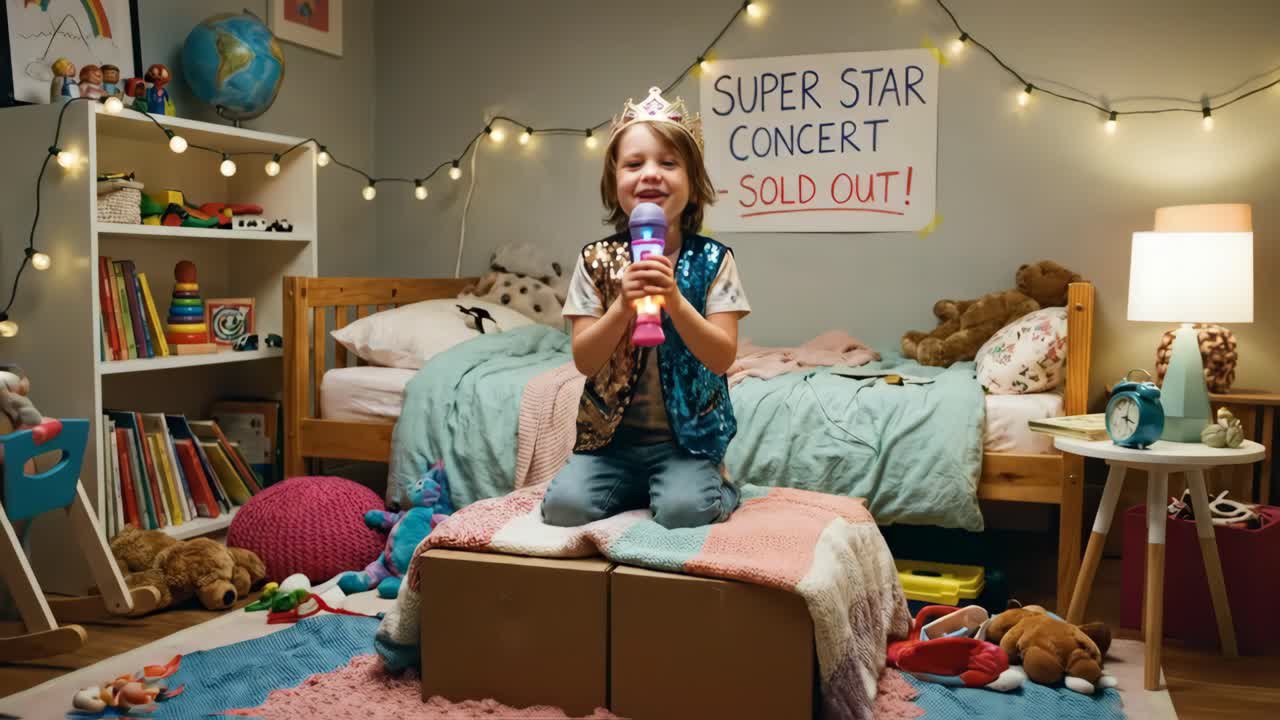 Menino feliz cantando e se apresentando em seu quarto