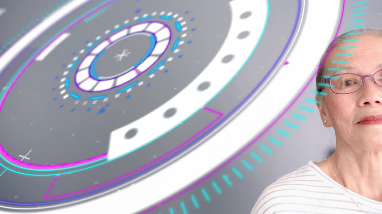 Senior woman standing right lifting chin and following sweeping HUD rotating rings for tech demo