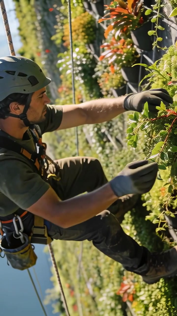 Vertical video: Rope lowering technician maintaining green wall with helmet and harness, copy space