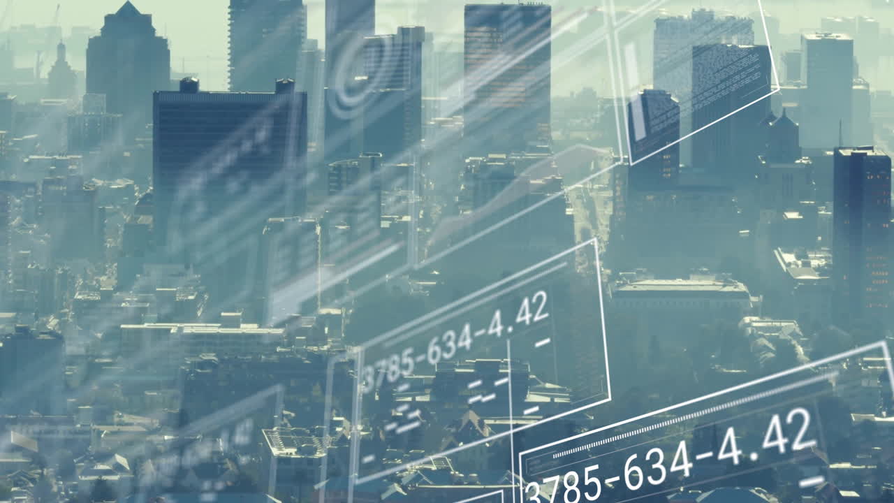 도시 풍경 위의 금융 데이터 처리 애니메이션