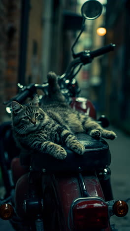 tabby cat lounging on a vintage motorcycle seat