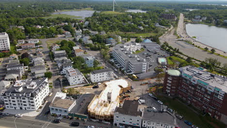 static aerial footage of nantasket beach looking inland, business district