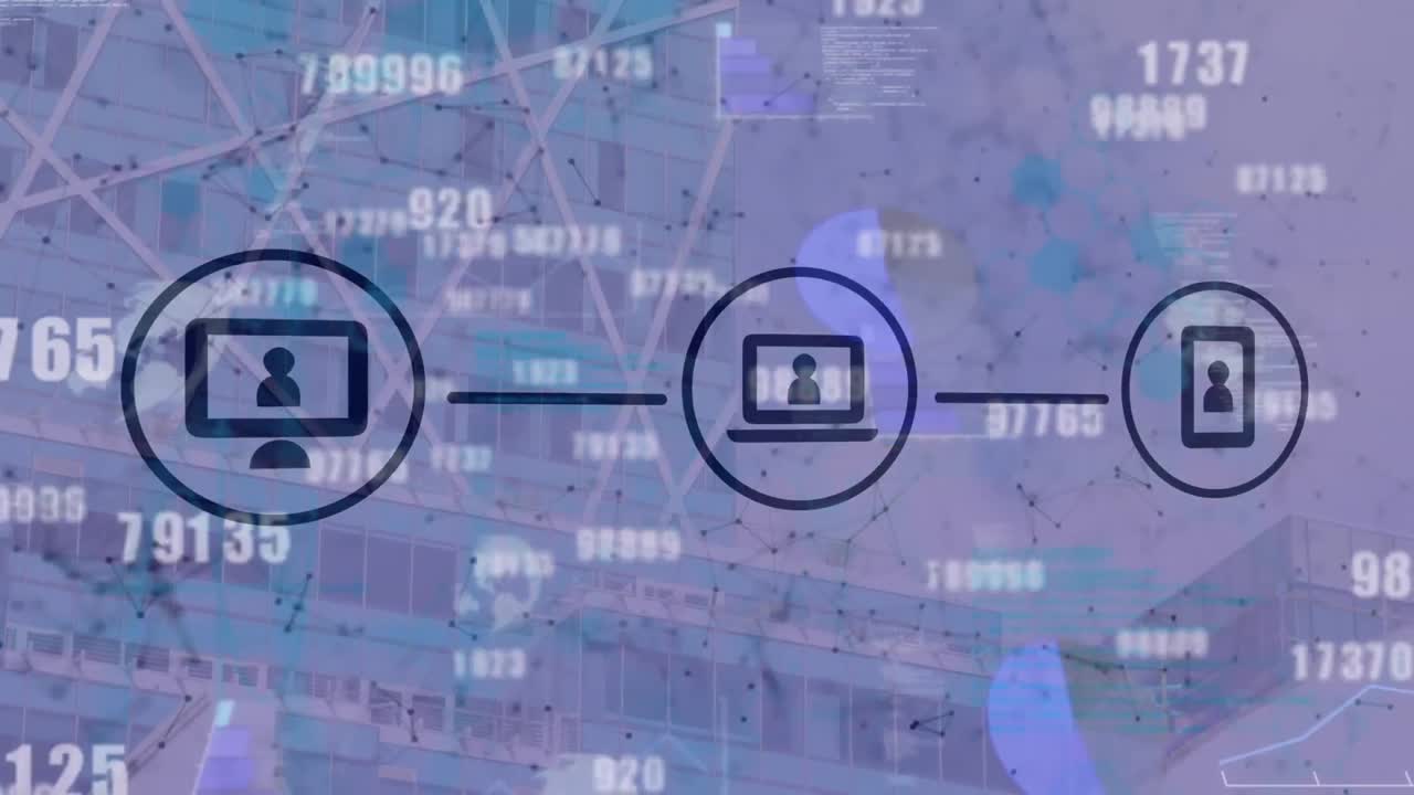 animación de números cambiantes a través de una red de conexiones e íconos digitales contra edificios altos.