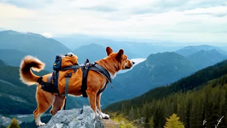 a dog with a backpack standing on top of a mountain