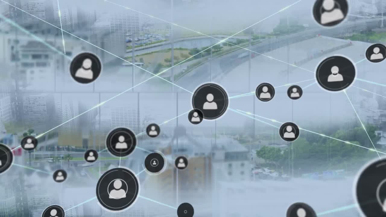 도시 풍경 위의 아이콘으로 연결된 네트워크의 애니메이션