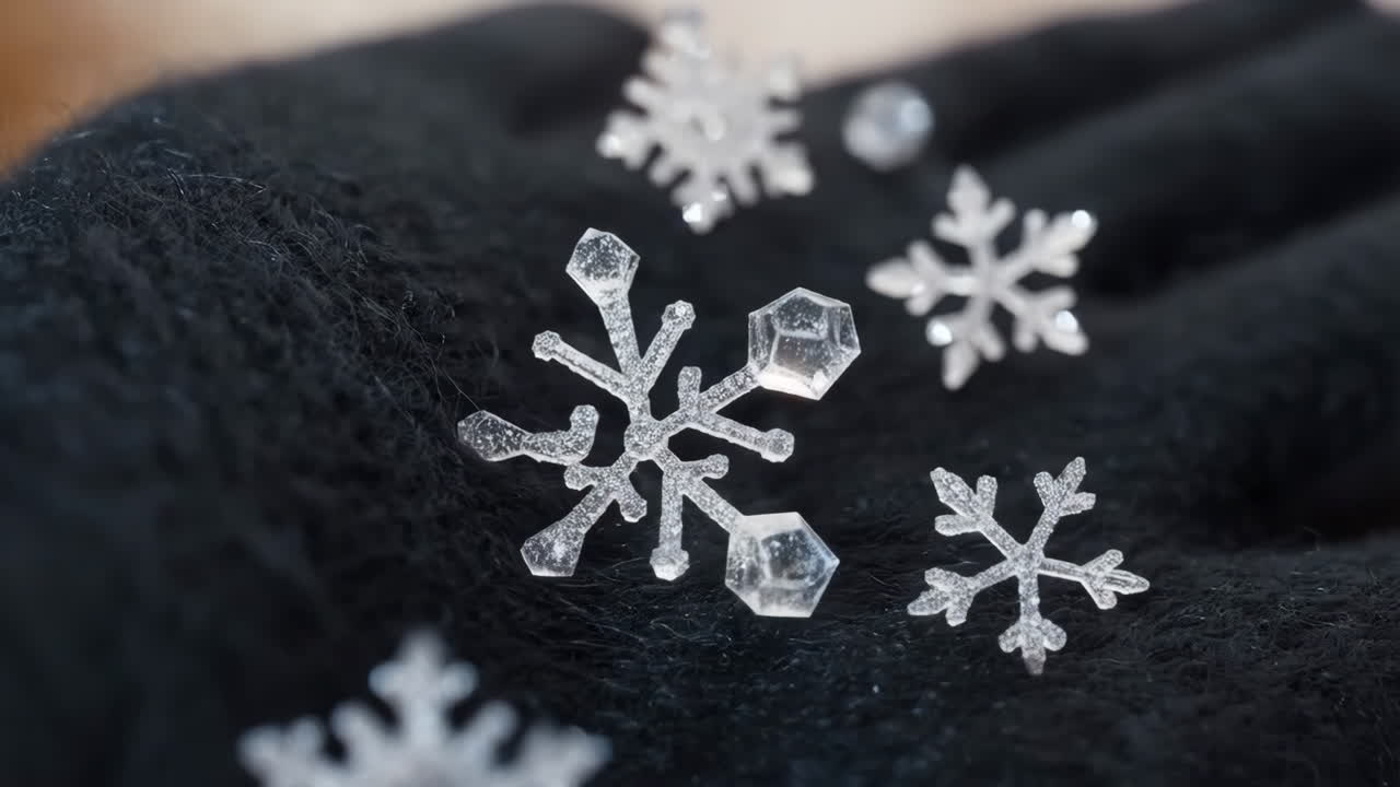 Macro View of Sparkling Snowflakes on a Black Glove