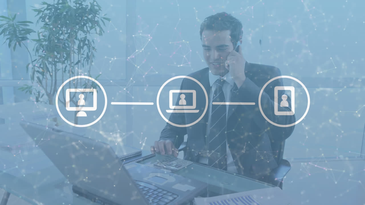 web de iconos de conexiones contra el hombre hablando en un teléfono inteligente