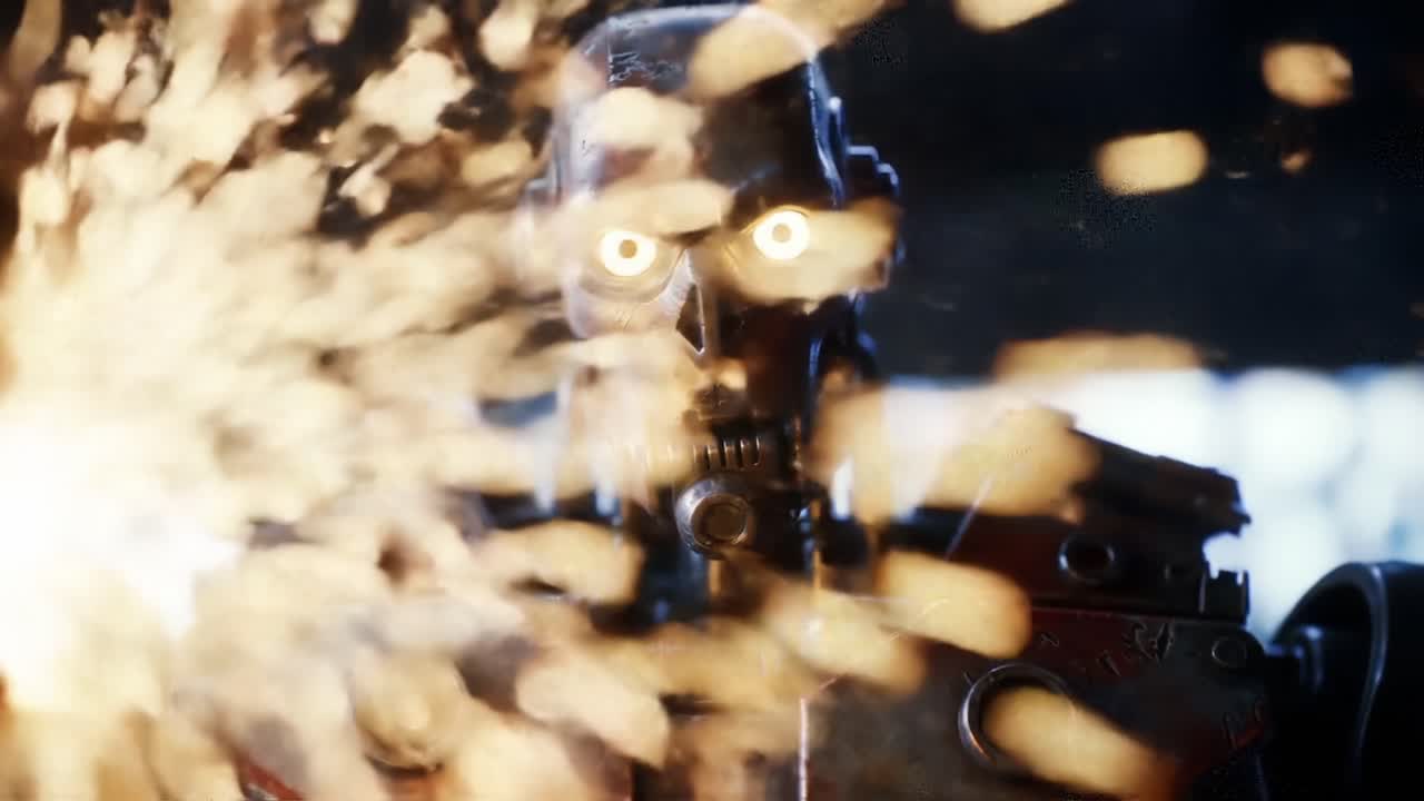 Intense Close-Up of a Robotic Character with Glowing Eyes Amid Sparks, Capturing the Emotion and Drama of an Industrial Setting